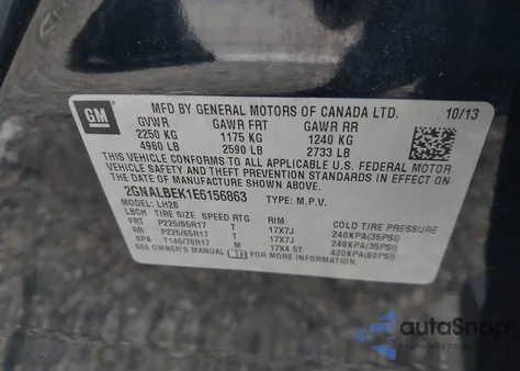 2014 Chevrolet Equinox 1Lt из США, поврежденный, VIN 2GNALBEK1E6156863